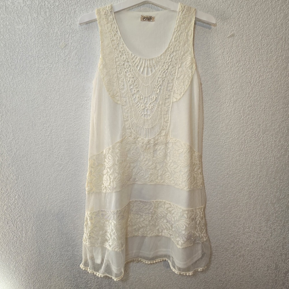MAGIC Ivory Lace Boho Tunic Dress Sheer Crochet Sleeveless Festival Cottagecore